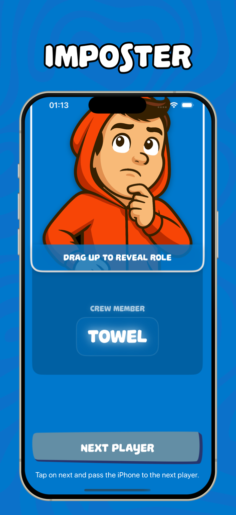 Cluso – Find the Impostor - Pantalla de revelación de roles en la aplicación Cluso que muestra un miembro de la tripulación y la palabra secreta 'toalla'