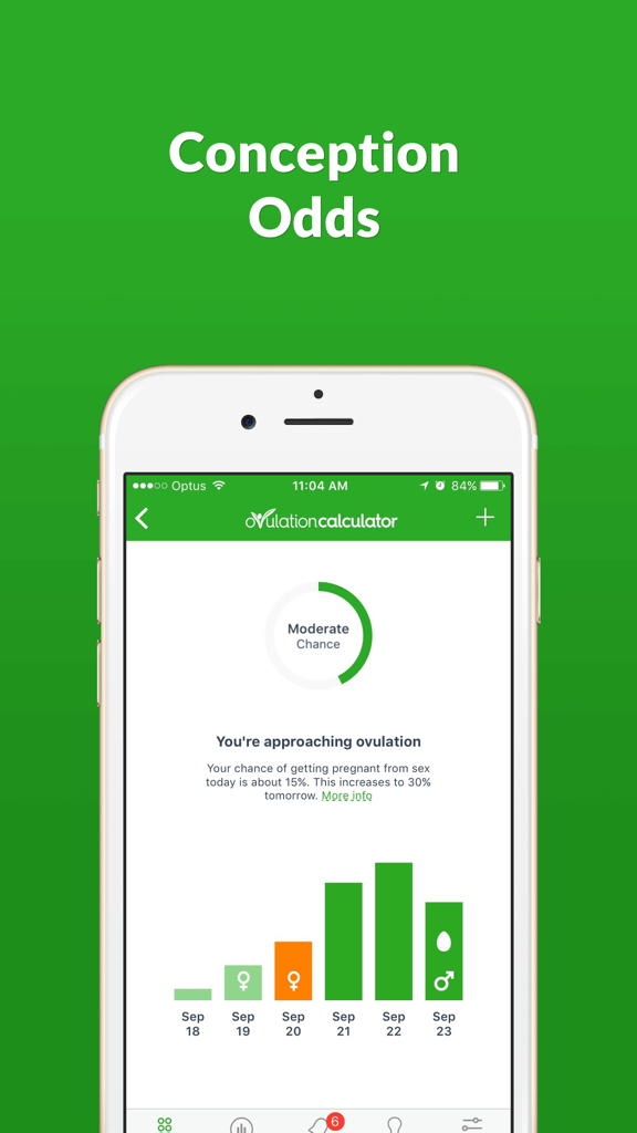Ovulation Calculator Fertile Tracker & Calendar OC - Smartphone screen displaying daily conception odds and fertility window bar chart in the Ovulation Calculator app.
