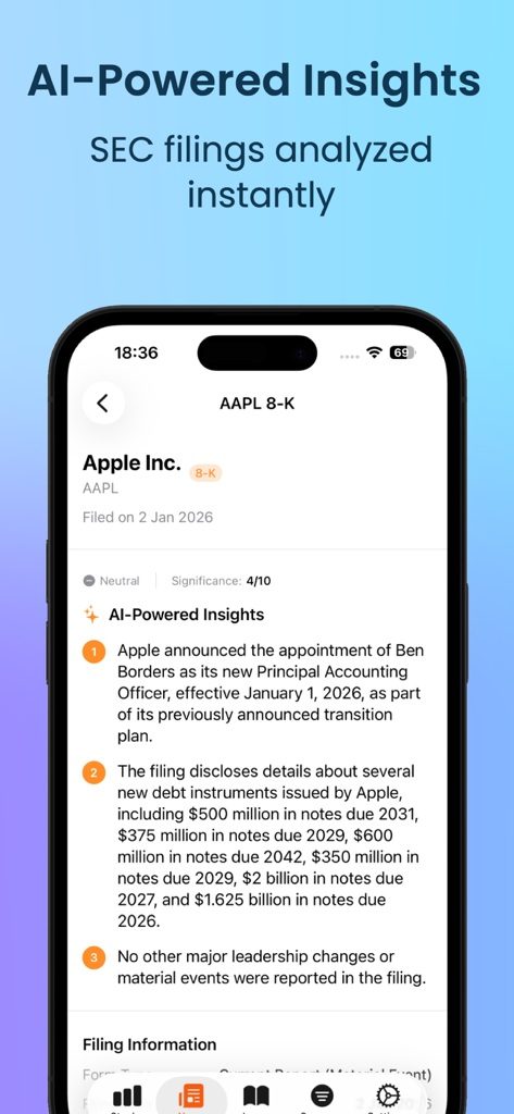 Stock Screener - AI Analysis - Interfaz de la aplicación móvil que muestra perspectivas impulsadas por IA y un resumen de un informe de la SEC de Apple.