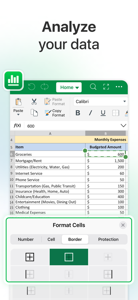 MobiOffice・Word Docs・Excel・PDF - MobiOffice 앱 인터페이스에 셀 서식 옵션이 있는 월별 경비 예산 스프레드시트 표시
