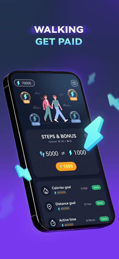 WiseLife: Step & Health - Smartphone displaying WiseLife app interface with walking goals and reward points conversion