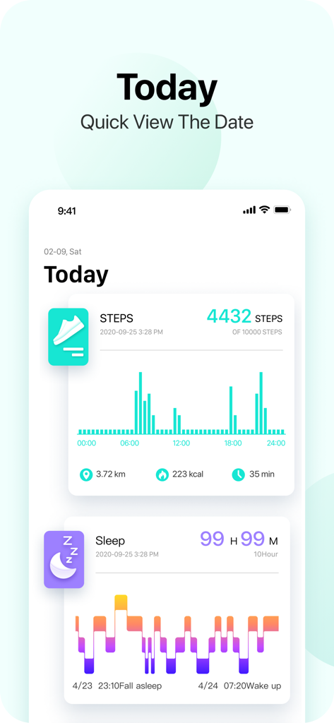 Da Fit app dashboard displaying daily steps and sleep tracking charts.