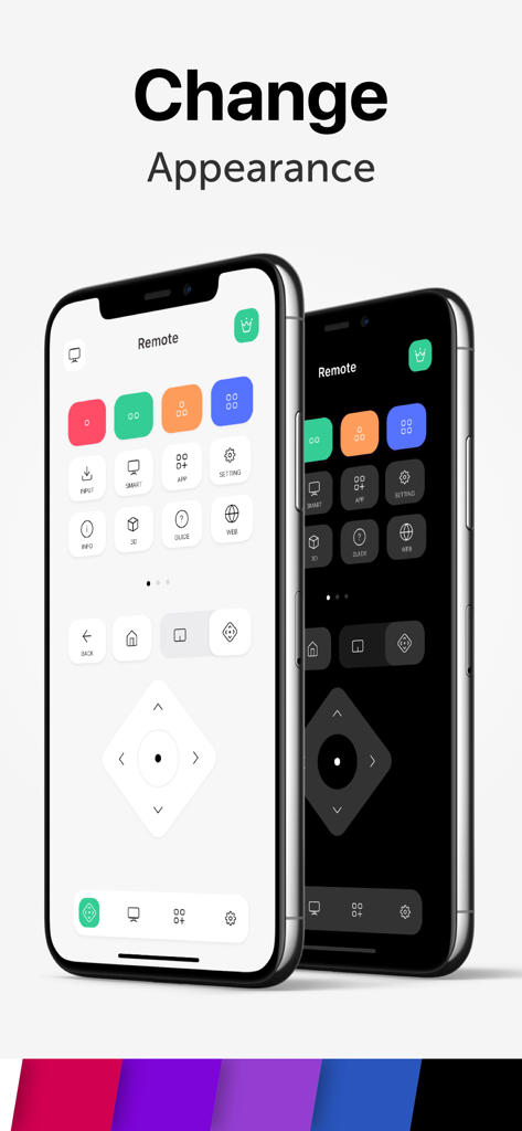 Interface de l'application TV Plus présentant des thèmes en mode clair et sombre sur deux iPhones.