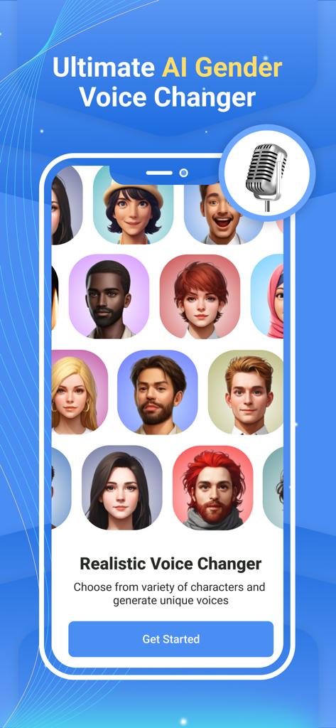 Vocalabs: Gender voice changer - Interfaz de la aplicación Vocalabs, cambiador de voz de género con IA, con avatares de personajes diversos