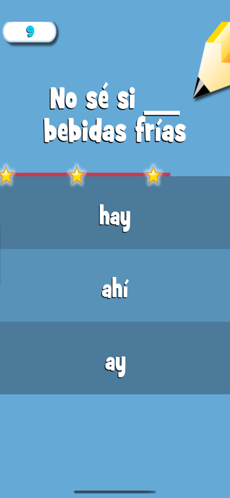 Palabra Correcta - Pregunta de opción múltiple de gramática española en la aplicación Palabra Correcta pidiendo elegir entre hay, ahi y ay