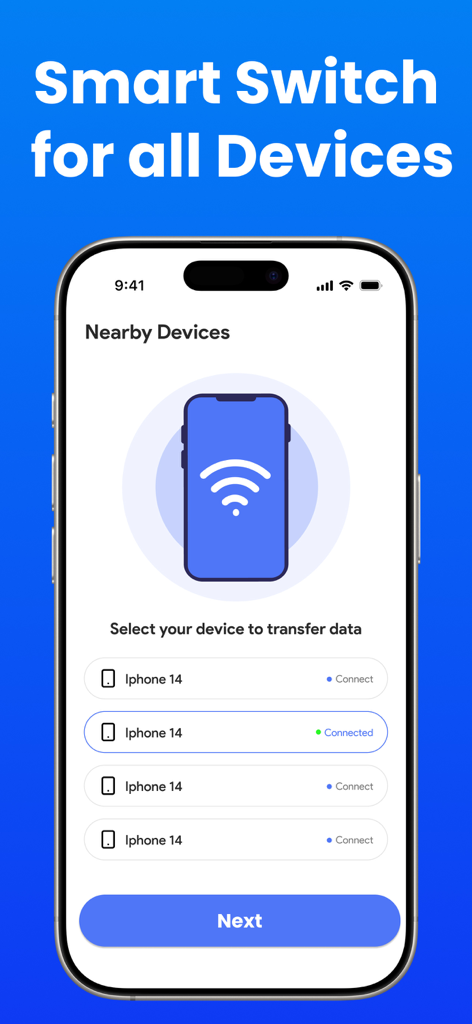 Smart Switch Phone Transfer - Interfaz que muestra dispositivos iPhone 14 cercanos disponibles para la transferencia de datos en la aplicación Smart Switch