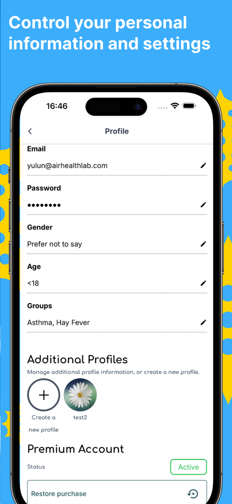 Melbourne Pollen Count - User profile settings screen in the Melbourne Pollen Count app for managing personal information and health groups