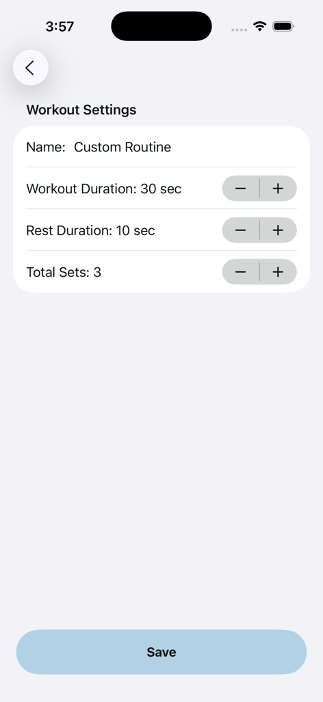 Tela de configurações de treino para o aplicativo Tabata Timer permitindo a personalização de duração e séries.