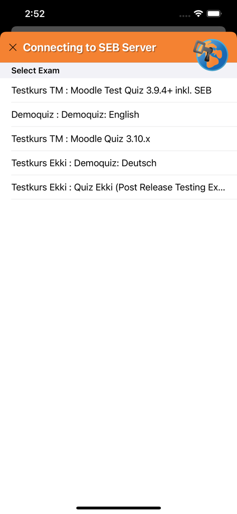 SafeExamBrowser app interface displaying a list of available exams to select from.
