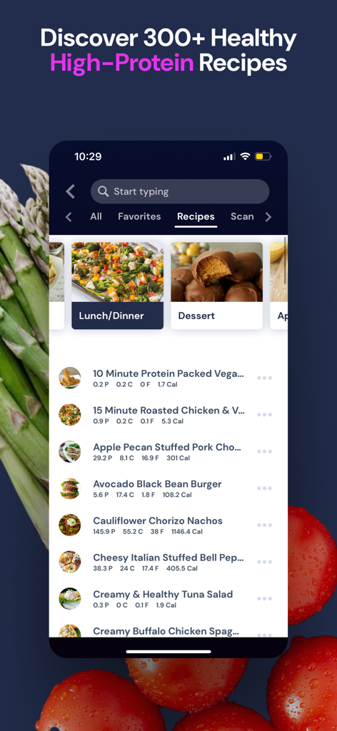 Avatar Nutrition app interface displaying a list of healthy high-protein recipes with macro information