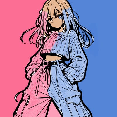 anime teen girl with baggy pants and crop top with sweater