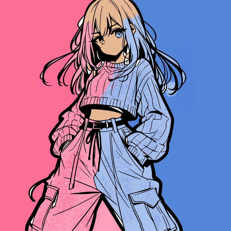 anime teen girl with baggy pants and crop top with sweater