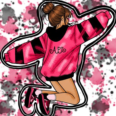 realistic girl jumping with a bun and oversized sweatshirt