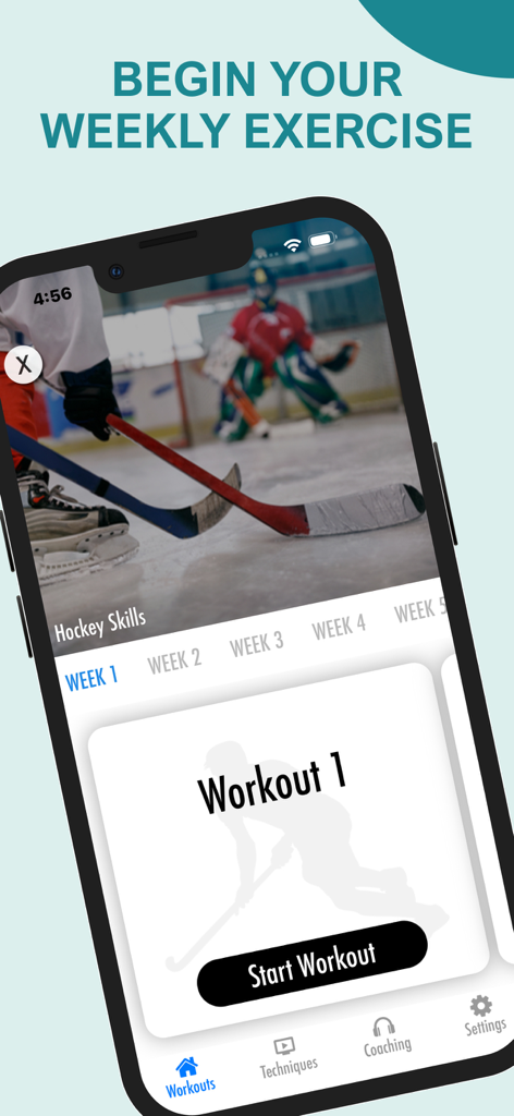 Fitivity Hockey Training - The Fitivity Hockey Training app interface showing a weekly workout plan and a start button for ice hockey skills training.