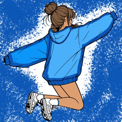 realistic girl jumping with a bun and oversized sweatshirt
