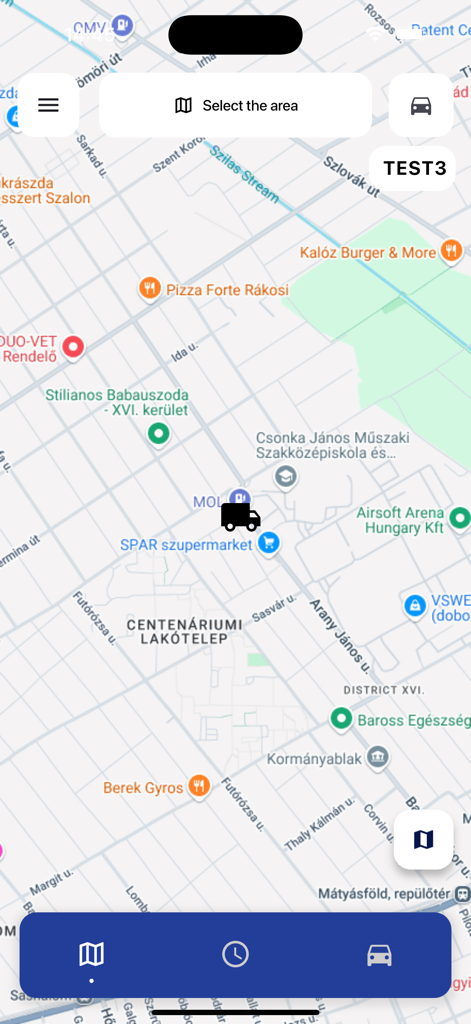 TrackGPS eParking - Oberfläche der TrackGPS eParking App zeigt eine Karte mit einem LKW-Symbol für die fahrzeugspezifische Parkplatzfilterung.