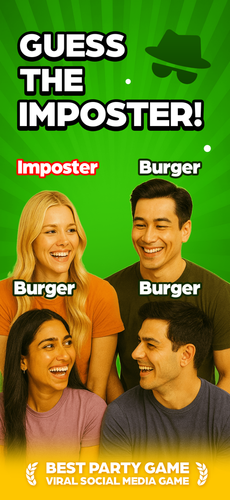 Imposter Game: Guess the Word! - Cuatro jóvenes riendo y jugando al juego de palabras de deducción social Juego del Impostor