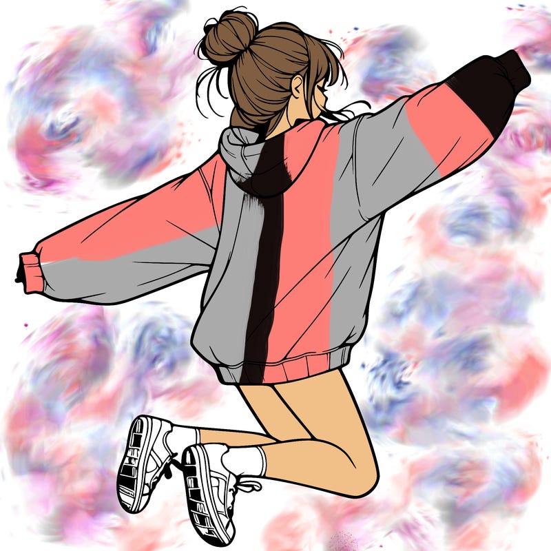 realistic girl jumping with a bun and oversized sweatshirt