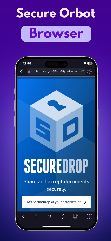 Onion Browser: VPN+Ad Blocker - Interfaz del Navegador Orbot Seguro que muestra SecureDrop en un iPhone