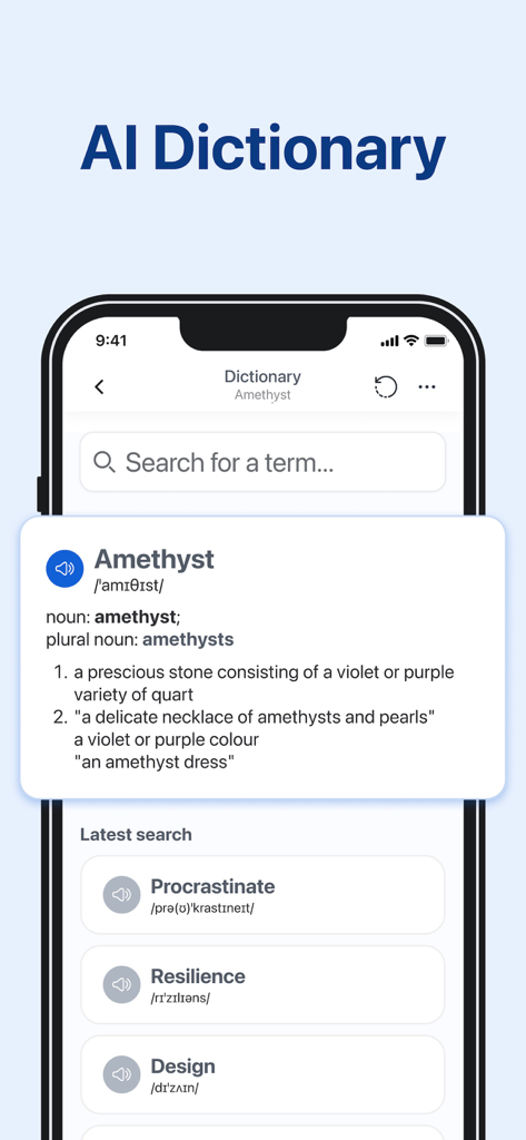 Photo Translator AI - AI dictionary feature in the Photo Translator AI app showing word definitions and search history