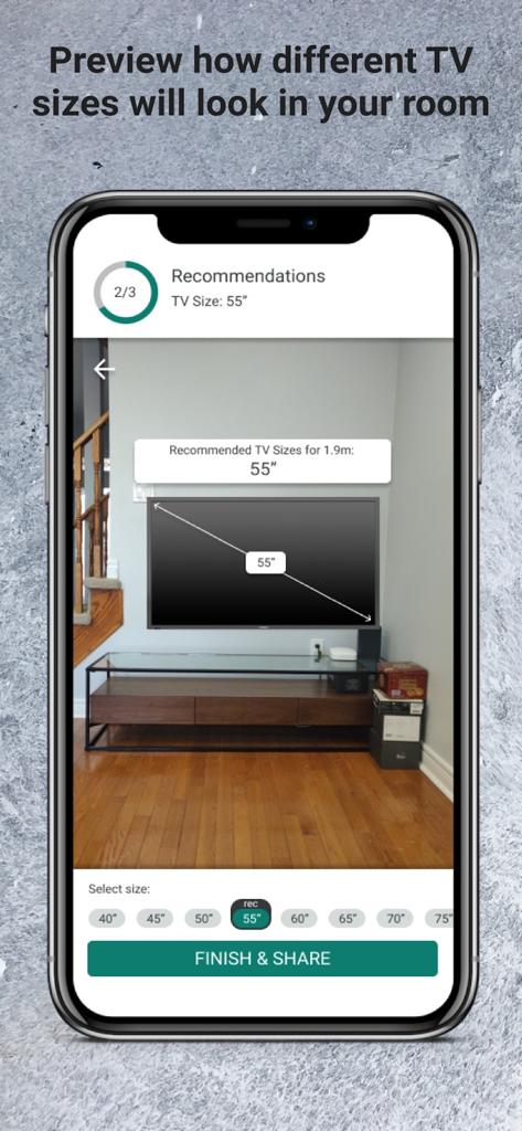 AR visualization of a 55 inch TV size recommendation in a living room