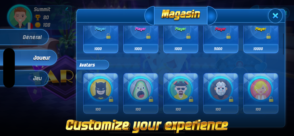 Ein Menü im Tarot Online Kartenspiel, das verschiedene Charakter-Avatare anzeigt, die Spieler freischalten können, um ihr Profil anzupassen.