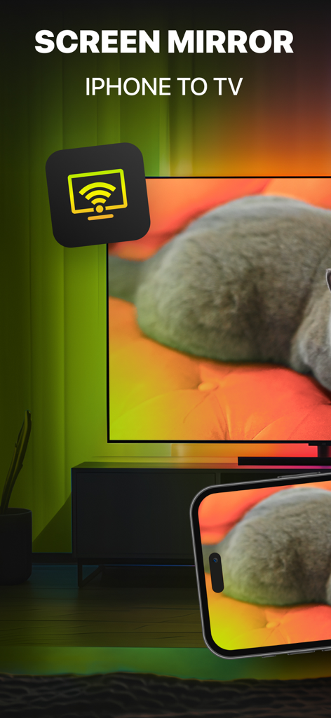 DoCast: Screen Mirroring to TV - DoCast 앱을 사용하여 iPhone 화면에서 고양이 사진을 대형 스마트 TV로 미러링하는 모습