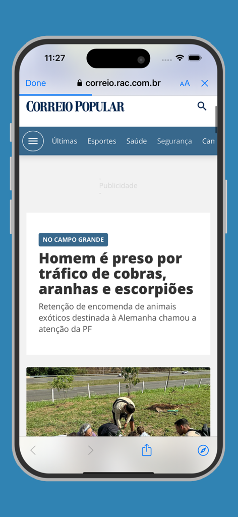 Correio Popular Digital - Pantalla de teléfono inteligente que muestra la interfaz de noticias de Correio Popular Digital con un titular en portugués sobre noticias locales.
