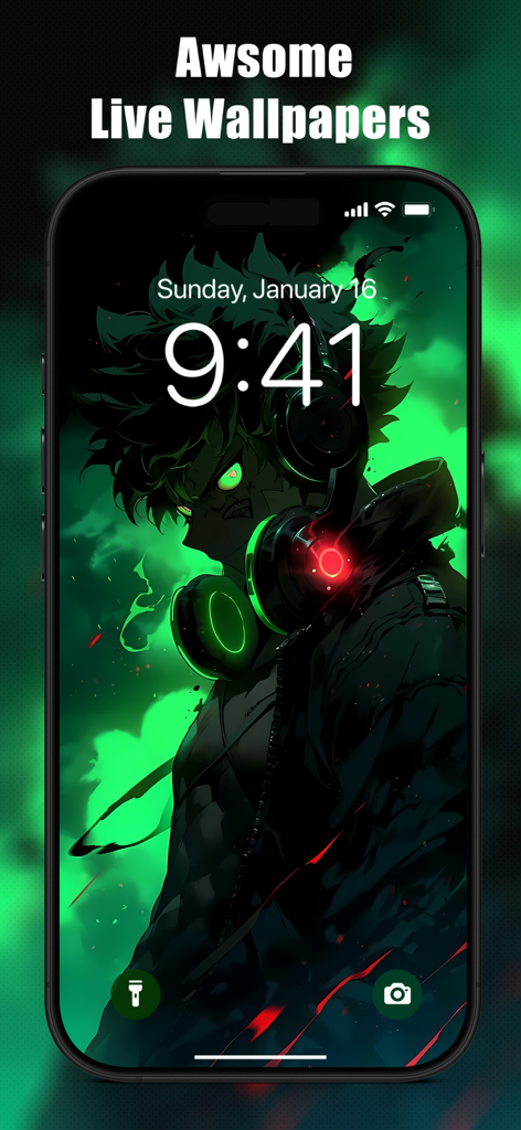 Anime Boy Wallpapers - Ein cooler Anime-Junge mit grünen leuchtenden Kopfhörern als Live-Hintergrundbild auf einem iPhone