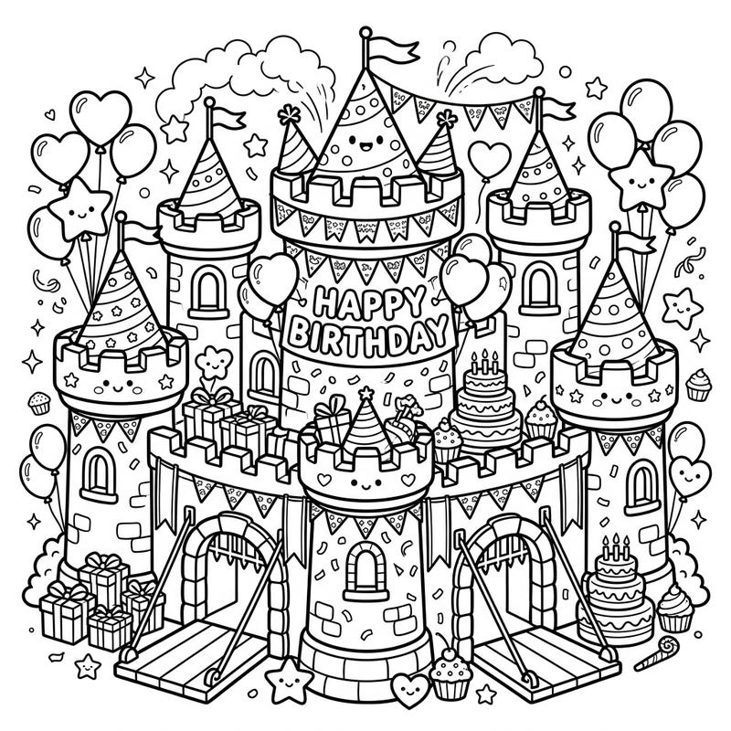 Unleash your creativity with this enchanting Kawaii castle, transformed into the most adorable birthday party venue imaginable. Adorned with charming decorations, gifts, and treats, it’s a delightful scene brimming with festive cheer, just waiting for your vibrant colors to bring it to life.