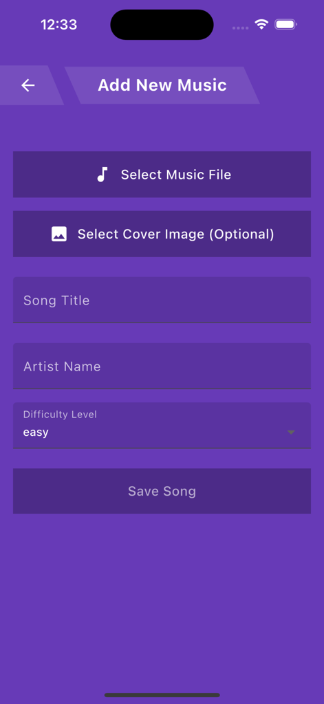 Piano Magic Tiles : Music Game - A purple interface screen of the Piano Magic Tiles game titled Add New Music with buttons to select music files and input song details like title, artist, and difficulty.