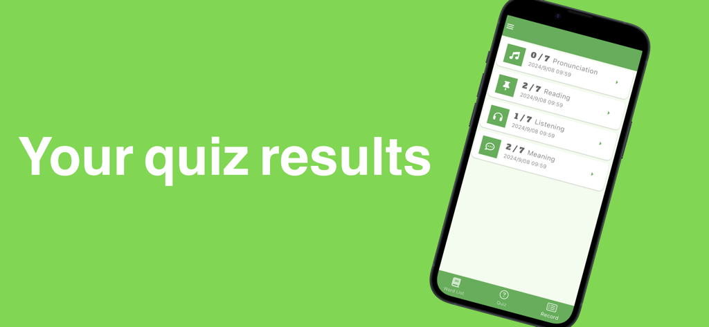 Un teléfono inteligente que muestra la pantalla de resultados de la prueba de la aplicación JLPT N3 Wordbook con puntuaciones para las pruebas de pronunciación, lectura, escucha y significado.