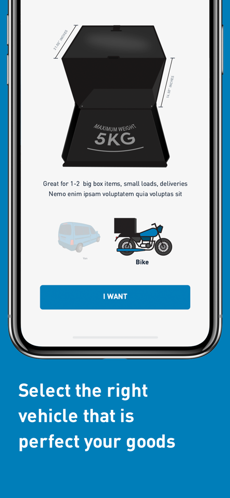 EasyDispatch - EasyDispatch app interface for selecting a delivery vehicle showing a bike option with a five kilogram weight capacity.