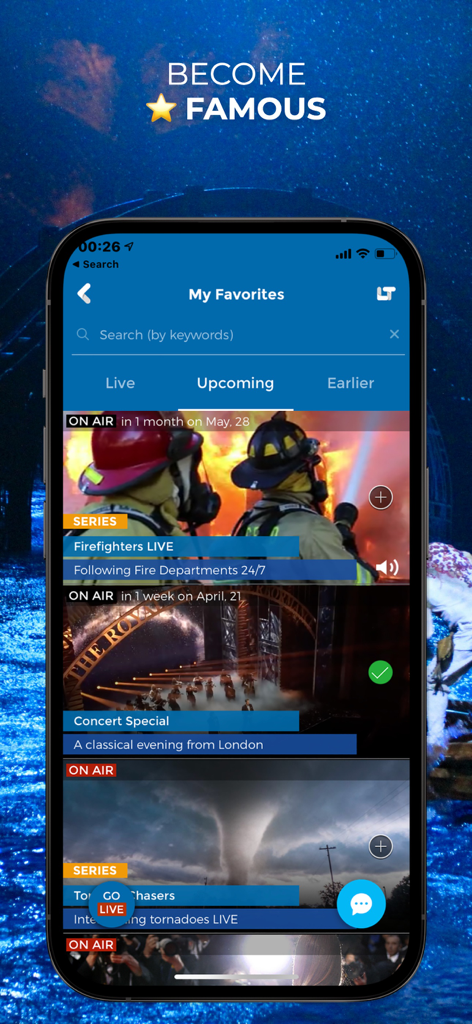 Smartphone screen showing upcoming live news broadcasts on LiveTube app including firefighters and concerts