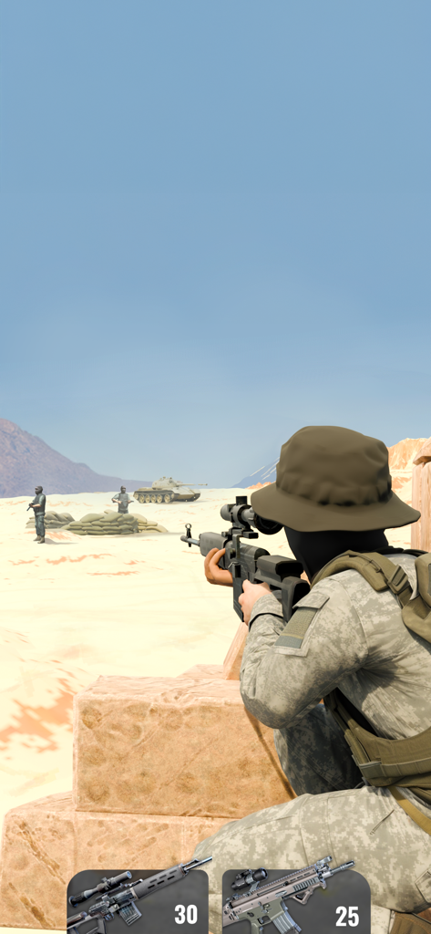 Shoot Out: Shooting Simulator - Un soldado con camuflaje apuntando un rifle de francotirador a objetivos distantes en un entorno de combate desértico