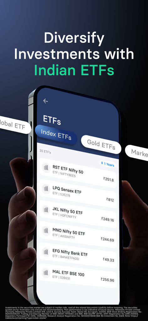 INDmoney - NRI Investing App - Uno schermo mobile dall'app INDmoney che mostra ETF indiani sull'indice per investimenti NRI.