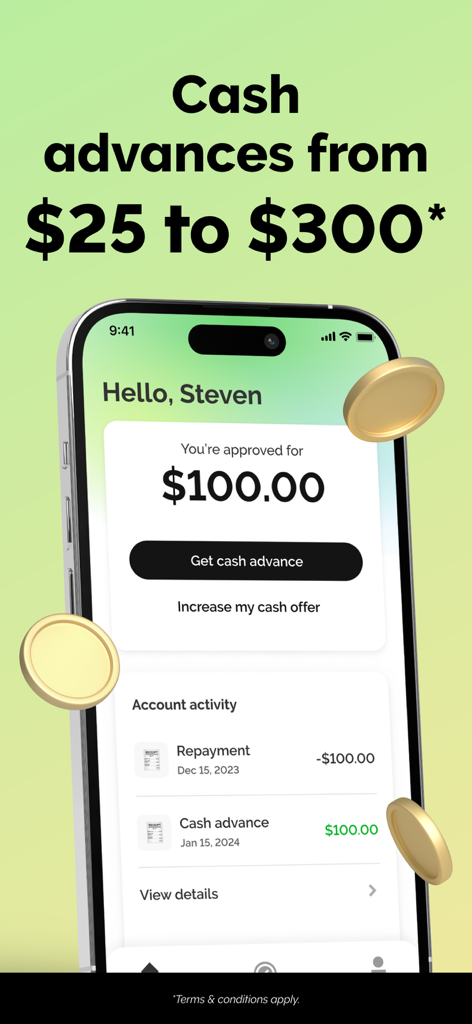 Grant Cash Advance app interface showing a 100 dollar approval and account activity on an iPhone.