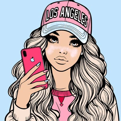 realistic beautiful girl wearing los ángeles cap holding an iphone
