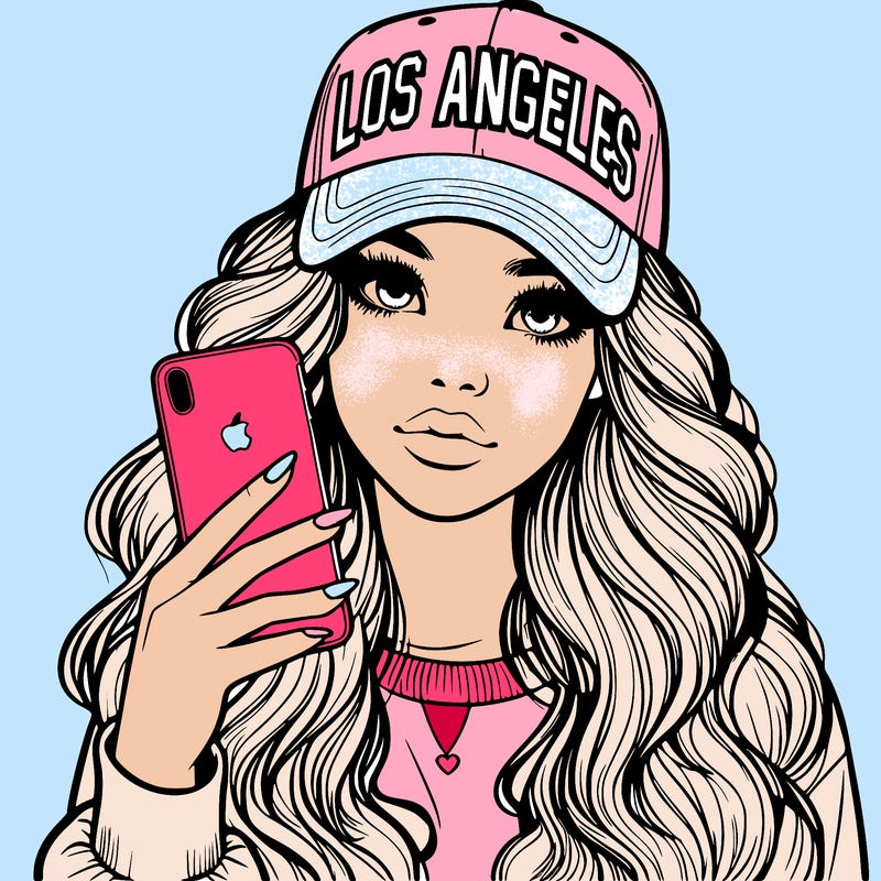 realistic beautiful girl wearing los ángeles cap holding an iphone