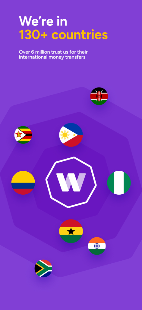 WorldRemit promotional screen showing service in over 130 countries with various national flags