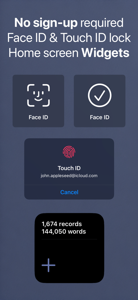 Feeltracker app interface showing Face ID security and home screen record widgets