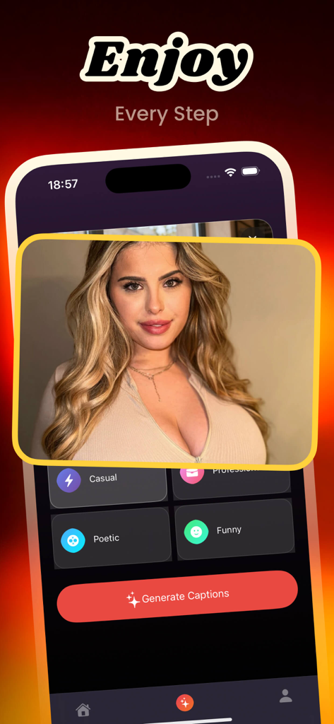 Olia app screenshot showing a photo upload with AI caption style options like casual, poetic, professional, and funny