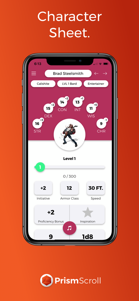 PrismScroll - Character Sheet - Mobile view of the PrismScroll app showing a clean and modern digital character sheet for a Level 1 Bard named Brad Steelsmith.