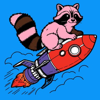 realistic raccoon flying on top rocket ship