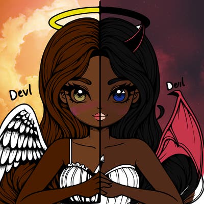 detailed realistic girl  angel versus devil split