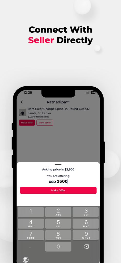 Ruby Glint: Rock Identifier - Ruby Glint app interface showing a gemstone marketplace listing with the option to make a direct offer to the seller.
