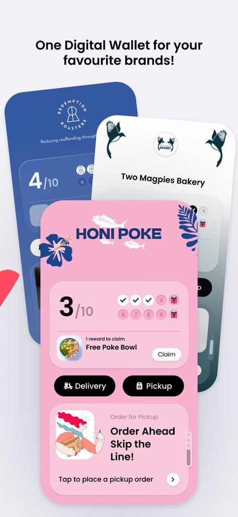 Embargo Wallet - Embargo Wallet app interface showing digital loyalty stamp cards and rewards for multiple local brands.