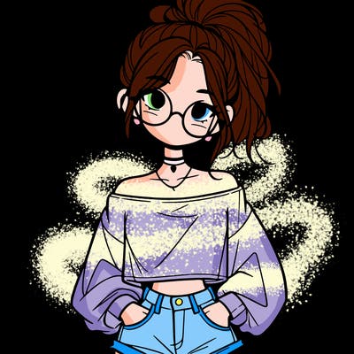 girl with a messy ponytail glasses a baggy crop top and jean shorts