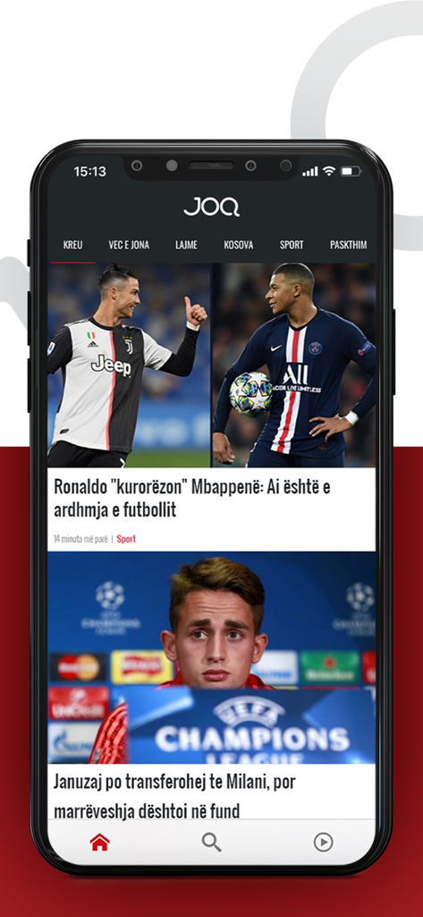 Interfaz de la aplicación JOQ Albania mostrando un feed de noticias con artículos deportivos