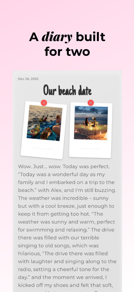 Bonded Together - A shared diary interface for couples in the Bonded Together app showing a beach date entry with photos and text memories